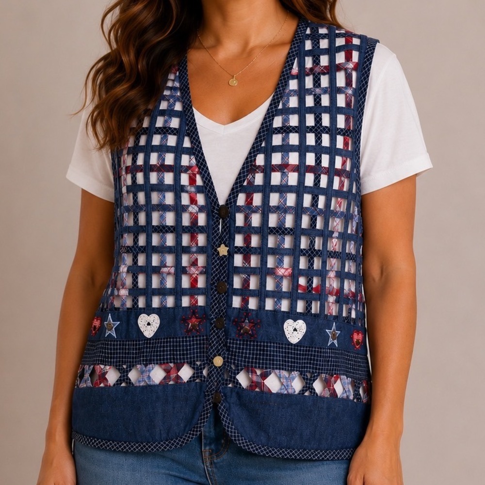 Vintage Koret City Blues XL Americana Patchwork Cutout Vest Top Cottagecore